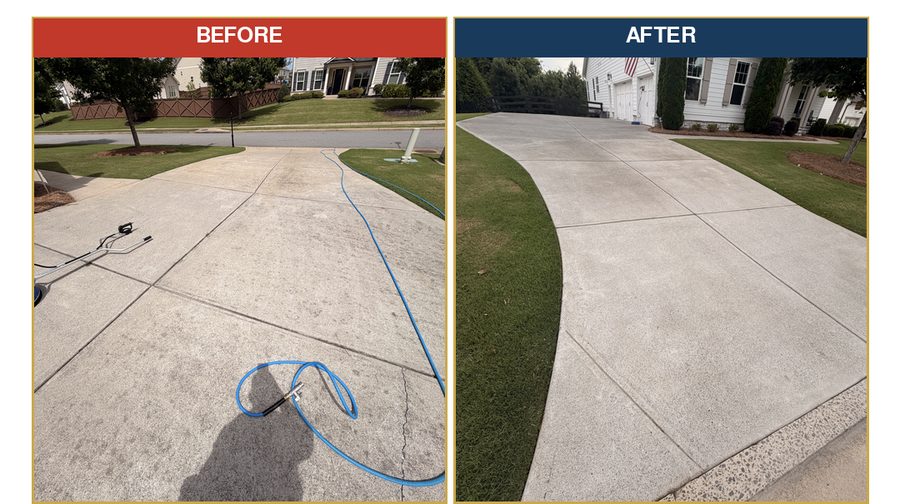 Before and after of a concrete driveway pressure washed clean