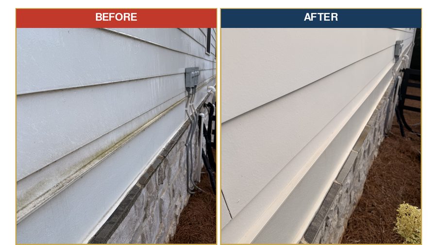 Before and after of house siding soft washed to remove algae and grime